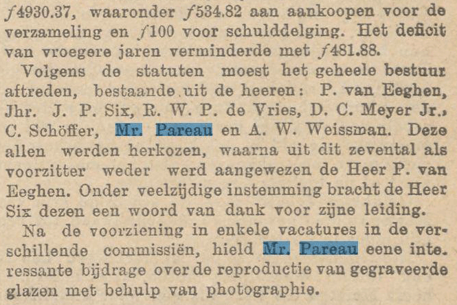 AM Pareau houdt een lezing over glas bij het KOG, 26april 1893