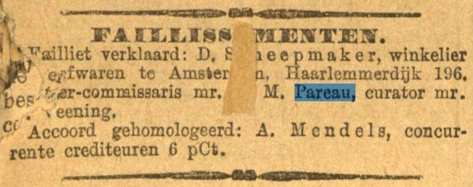 Rechter commissaris AM Pareau wijst faillissement toe, 1887