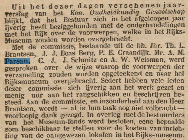 AM Pareau in het jaarverslag van het KOG,benoeming incommissie ter voorbereiding van de collectie van het Rijksmuseum