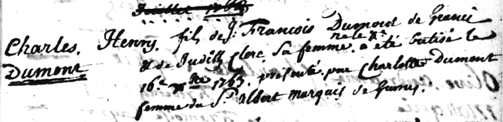 Inschrijving doop Charles Henry Dumont in Grancy, 1763