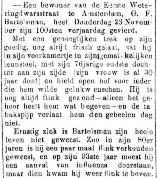 100-jarige uit de 1e Weteringdwarsstraat, Amsterdam. Bericht 29 december 1905