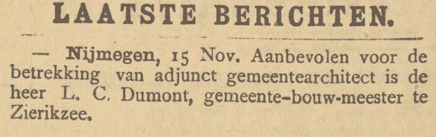 krantenbericht 16 november 1899: benoeming als adjunct gemeentearchitect in Nijmegen