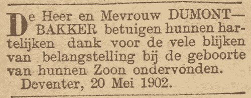Geboorte van Cornelis Lucas Dumont, de 2e zoon van Luc Dumont en Sies Bakker op 30 april 1902 in Deventer