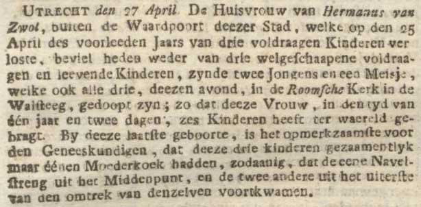 Een vrouw baart binnen 1 jaar voor de 2e keer een tweeling, 27 april 1799