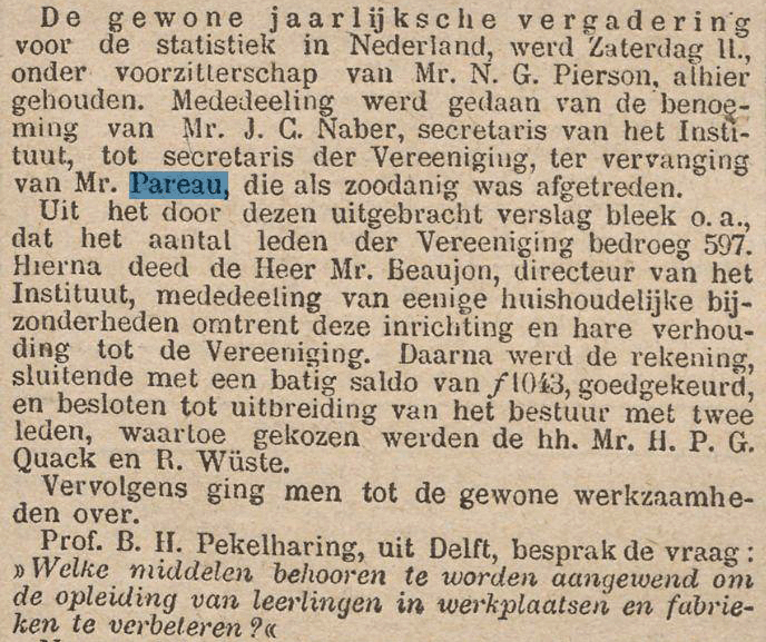 AM Pareau treedt af als Secretaris van de ‘Vereeniging voor de Statistiek in Nederland’, bericht dd 13 april 1885