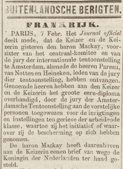 Krantenverslag van de missie naar de Franse keizer Napoleon III, de Tijd 10 februari 1870 