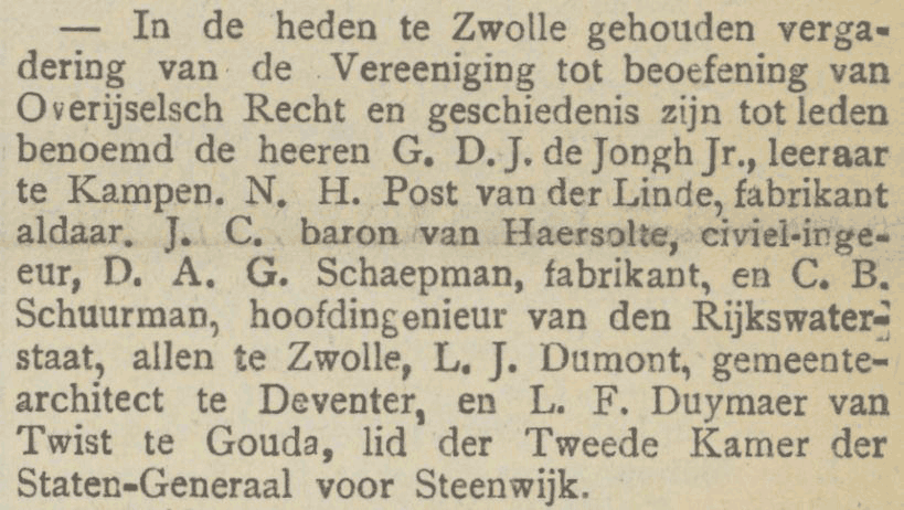 Lucas Christiaan Dumont lid Overijsselse geschiedenis vereniging, krant 30 oktober 1901