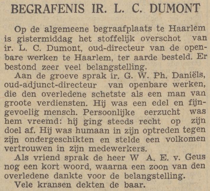 Over de begrafenis van Luc Dumont op 26 juni 1935 in het Algemeen Handelsblad