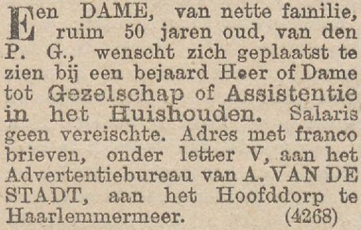 Advertentie: Protestantse Haarlemmermeerse biedt zich gratis aan als gezelschapsdame, 14 januari 1890