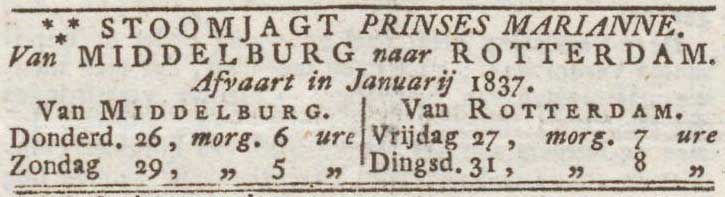 Dienstregeling Stoomboot veer Middelburg – Rotterdam Prinses Marianne, bericht dd 24 januari 1837