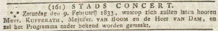 Aankondiging Stadsconcert in Utrecht op 9 februari 1833, bericht dd 1 februari 1833