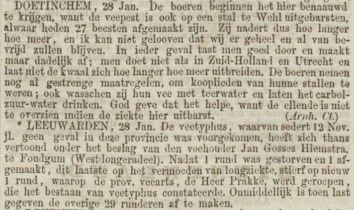 Berichten over veepest en veetyphus dd 30 januari 1867. Ook toen werd vee ‘geruimd’.