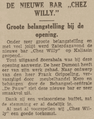 Krantenartikel over de opening in Soerabaia van bar 'Chez Willy', 11 december 1939