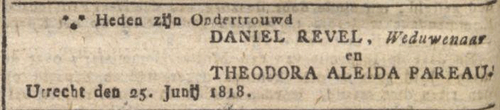 Ondertrouw Theodora Aleida (Door) Pareau en Daniël Revel op 25 juni 1818