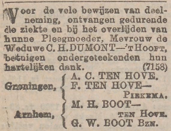 Dank voor medeleven na de dood van Goswina Magdalena Dumont - 't Hooft, advertentie dd 23 januari 1902