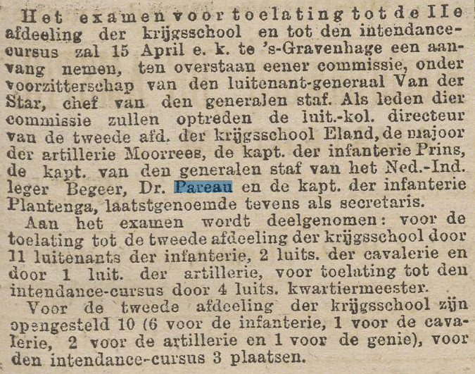 AH Pareau Lid van de toelatingsexamen-commissie voor de Krijgsschool, 28 maart 1891