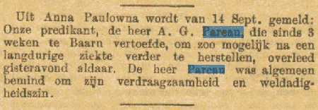 Krantenbericht over de dood van ds AG Pareau in Baarn, 13 september 1896