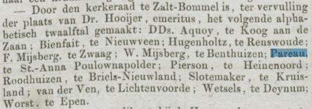 ds AG Pareau staat op een shortlist voor een post in Zaltbommel, 6 februari 1862