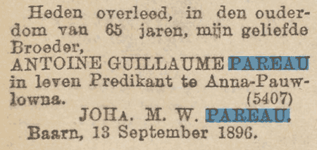 ds Antoine Guillaume Pareau sterft op 13 september 1896 in Baarn