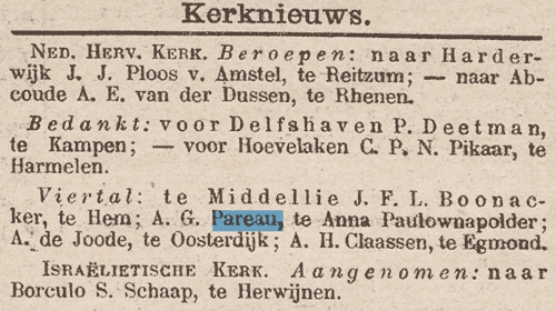 Herbenoeming van ds AG Pareau in Anna Paulowna, bericht dd 14 januari 1880