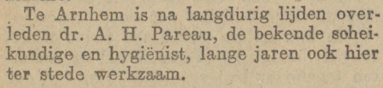 Kort sterfbericht dood AH Pareau 26 april 1918 Haagse Courant, 26 april 1918