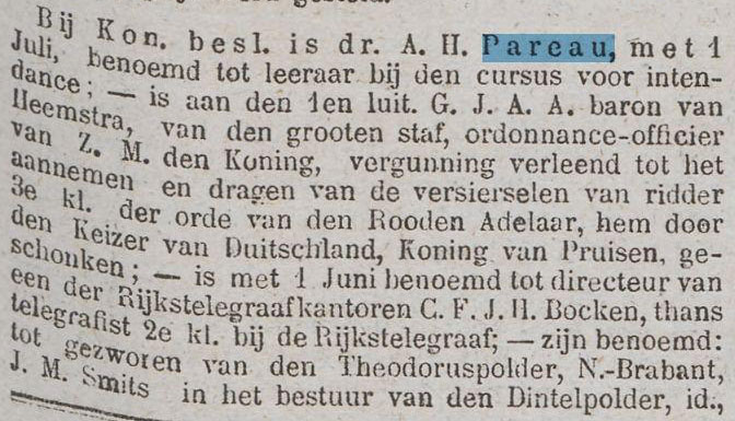 AH Pareau per 1 juli benoemd tot leraar aan de intendance, bericht 7 mei, jaartal mogelijk 1881