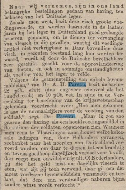 AH Pareau betoogt in een lezing dat haring gezond is en op het menu van de soldaten zou moeten staan, krant 8 maart 1888