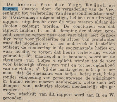 AH Pareau en 2 anderen geven advies over de noodzaak van het aanleggen van riolering in den Haag, krant 14 februari 1887