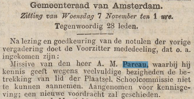 AM Pareau trekt zich terug na zijn benoeming tot lid van de Amsterdamse Schoolcommissie, zitting Gemeenteraad op 7 november 1877