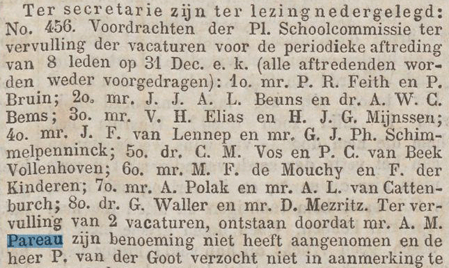 nieuwe kandidaten voor het lidmaatschap van de Amsterdamse Schoolcommissie na de afzegging van AM Pareau, bericht 17 november 1877