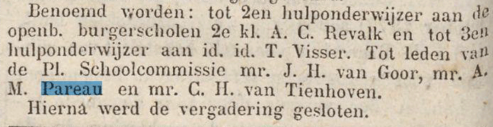 AM Pareau benoemd tot lid van de Amsterdamse gemeentelijke schoolcommissie, bericht op 18 oktober 1877
