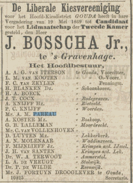 Voordracht liberale kiesvereniging voor de 2e Kamer, daaronder lijst met bestuursleden, waaronder AM Pareau, 19 mei 1869