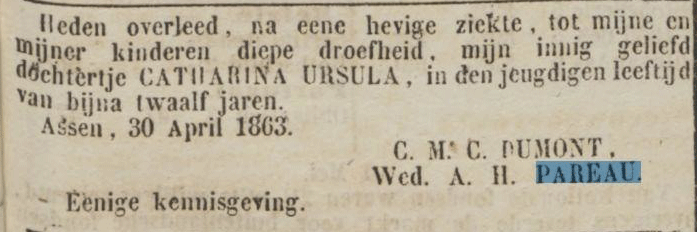 Catharina Ursula Pareau sterft op 11-jarige leeftijd op 30 april 1863 in Assen