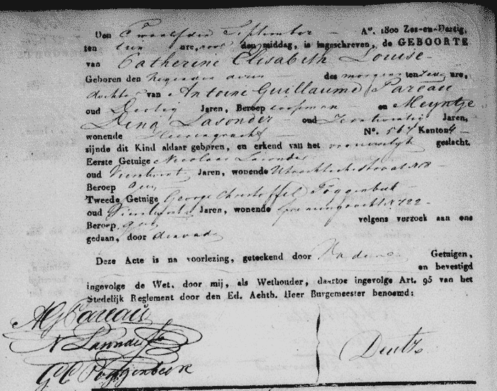 Geboorte akte Catharina Elisabeth Louise Pareau, Amsterdam 12 september 1836. Thuis geboren op de Keizersgracht 567, nu nummer 374 