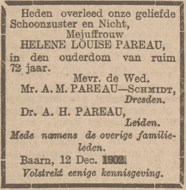 Helene Louise Pareau sterft op 12 december 1902 in Baarn