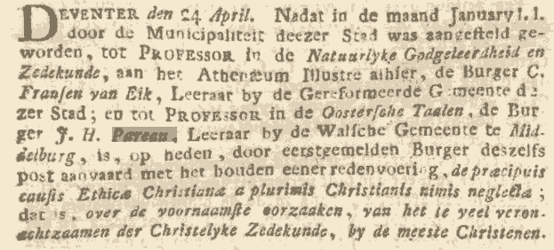 Jean Henri Pareau benoemd in Deventer op 24 april 1799