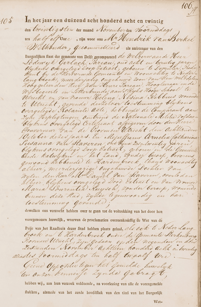 Huwelijksakte Louis Gerlach Pareau en Cornelia Catharina Susanna van Staveren op 20 november 1828 
