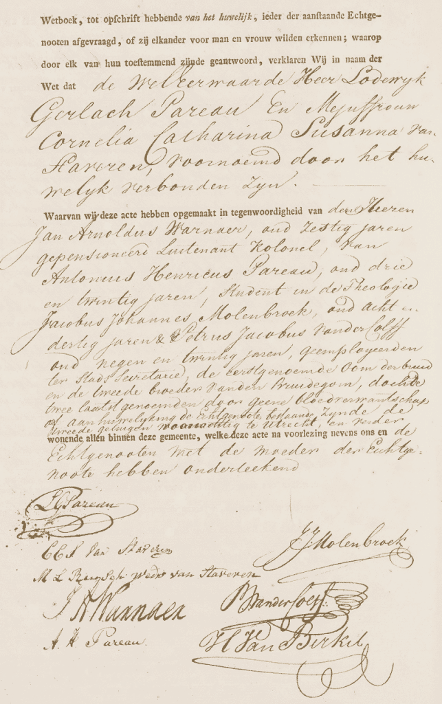 Huwelijksakte, 2e pagina, Louis Gerlach Pareau en Cornelia Catharina Susanna van Staveren op 20 november 1828