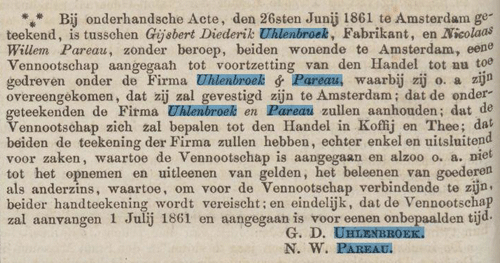 1861 Krantenbericht over de handel in koffie en thee door Nicolaas Willem Pareau