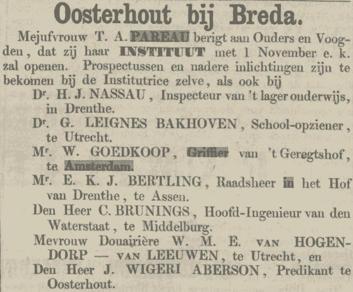 Theodora Aleida Pareau, opening kostschool in Oosterhout 1 november 1865