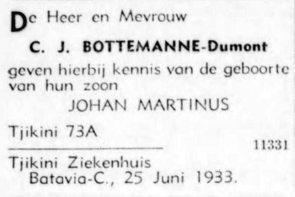 Geboorte van Johan Martinus Bottemanne op 25 juni 1933 in Batavia, Tjikini Ziekenhuis