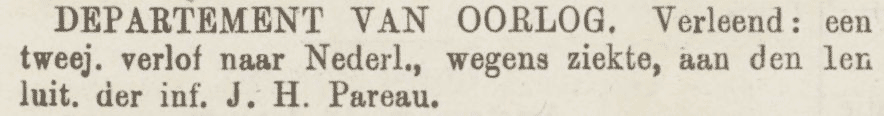 Wegens ziekte krijgt Jean Henri Pareau verlof, bericht 16 december 1876