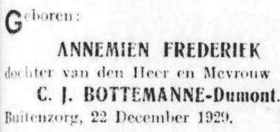 Geboorte Annemien Frederiek Bottemanne op 22 december 1929 in Buitenzorg, Nederlands Indië