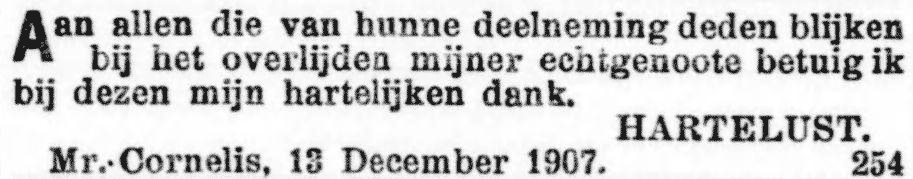 Dankadvertentie van PW Harrtelust na de dood van zijn vrouw Henriëtte Maria Elisabeth Dumont dd 13 december 1907, Meester Cornelis, Nederlands Indië