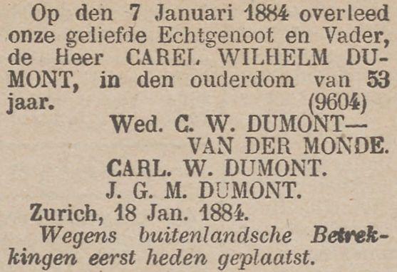 Carel (Carl?) Wilhelm Dumont sterft op 7 januari 1884 in Zwitserland, rouwadvertentie 18 januari 1884