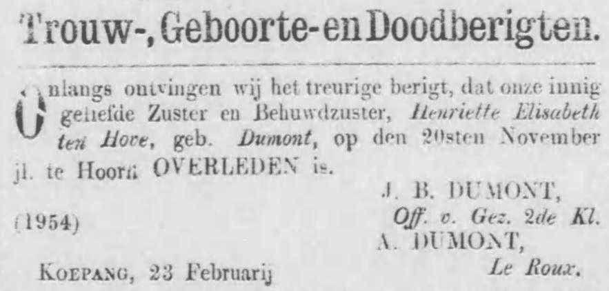 Henriëtte Elisabeth Dumont sterft in het kraambed op 20 november 1866 in Hoorn