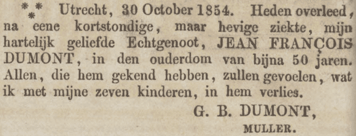 Jean Francois Dumont sterft op 49-jarige leeftijd op 30 oktober 1854 in Utrecht