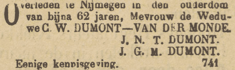 Sterven van Margaretha Nicolasina Hermina van der Monde op 15 januari 1892. Ze is dan weduwe van Carl Herman Dumont (1830)