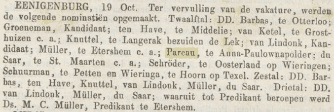 ds Pareau solliciteert naar een functie in Eenigenburg, bericht 19 oktober 1870