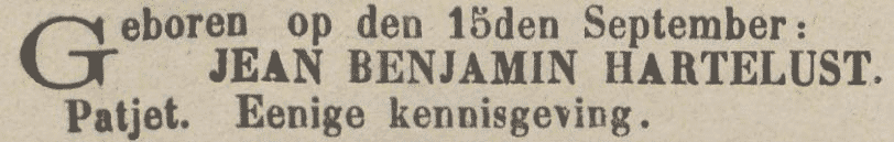 Geboorte Jean Benjamin Hartelust in Patjet, Nederlands Indië op 15 september 1884